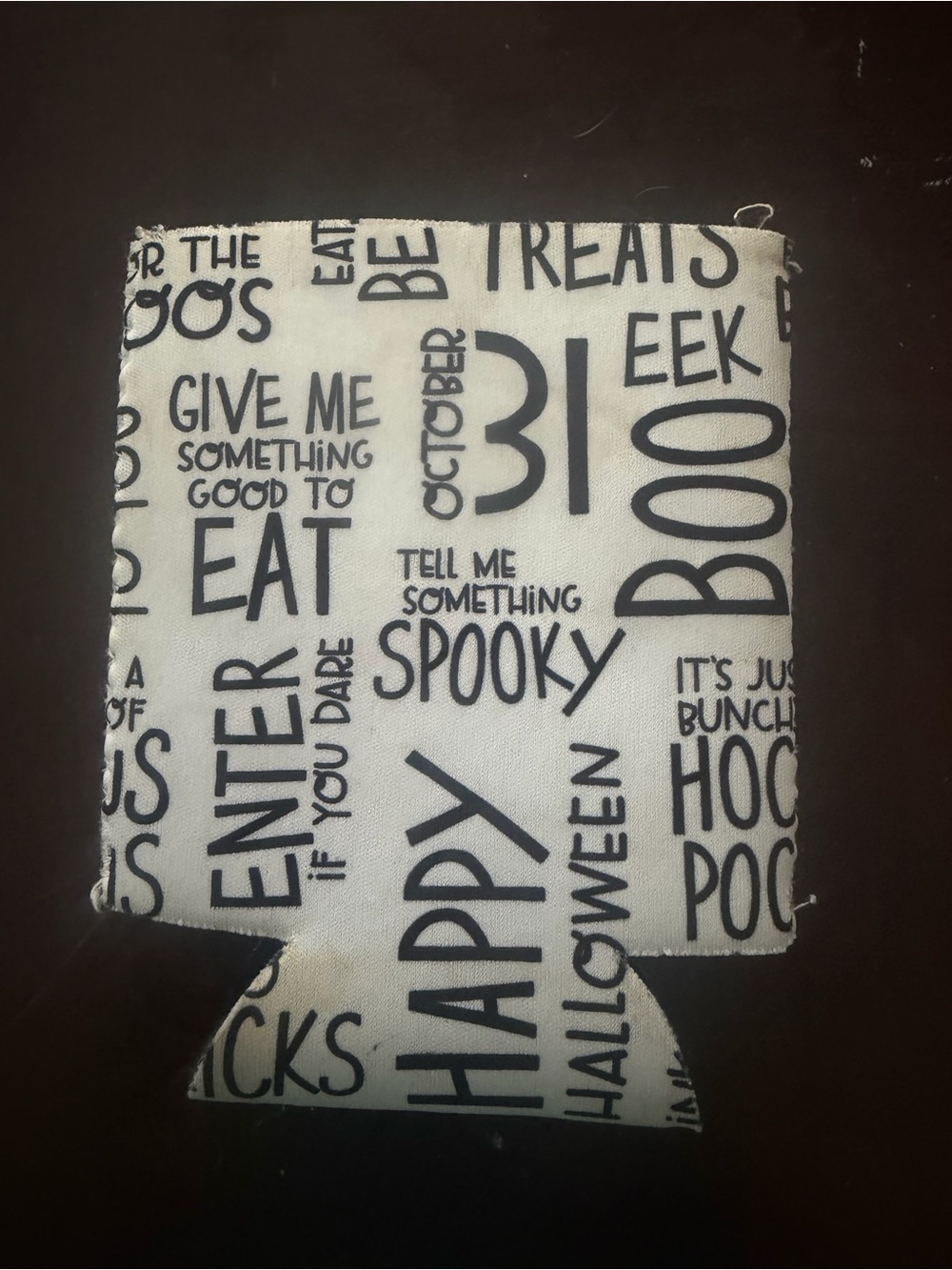 Halloween Word Print Can Koozie - Black on White